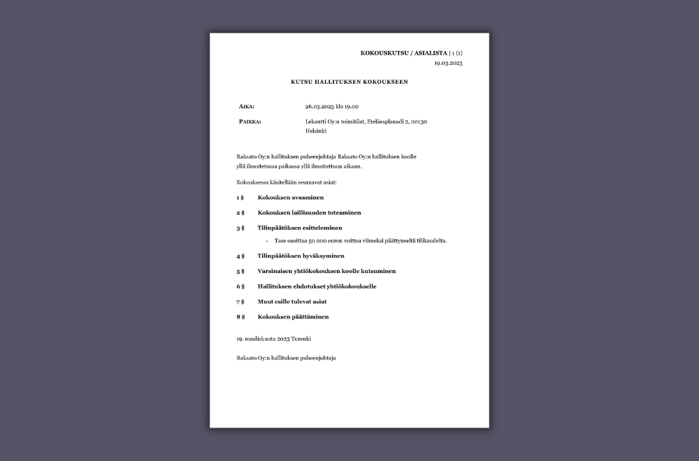 Hallituksen Kokouskutsu osakeyhti Lataa Malliasiakirja