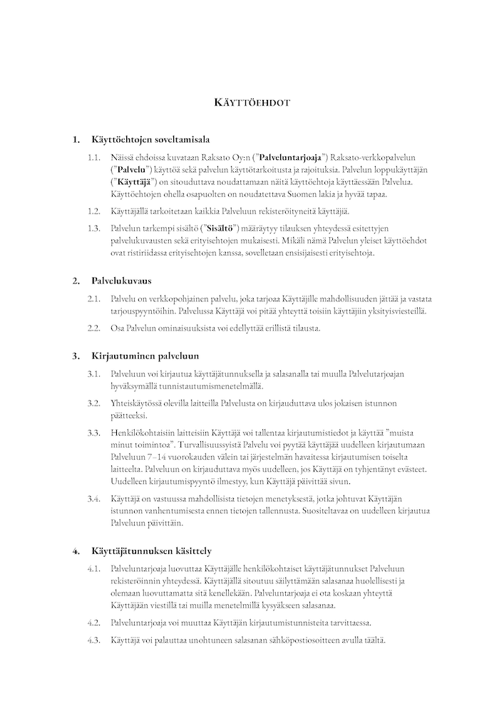 Käyttöehdot, malli