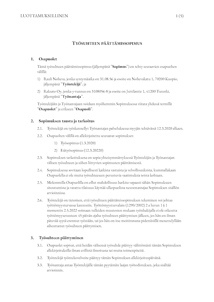 Työsuhteen päättämissopimus – malli