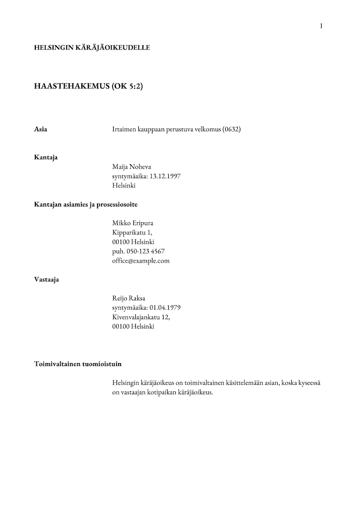 Haastehakemus, malli
