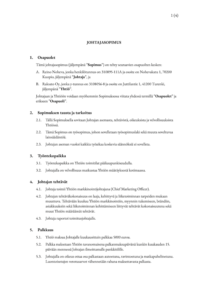 Johtajasopimus, malli