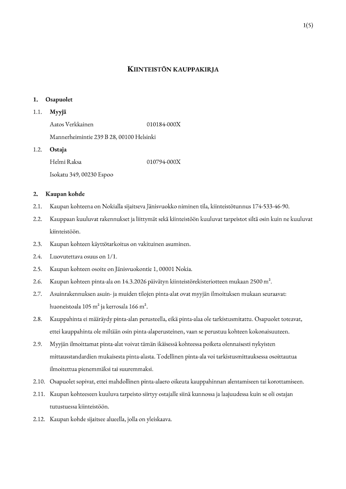 KiinteistoÌn kauppakirja, malli