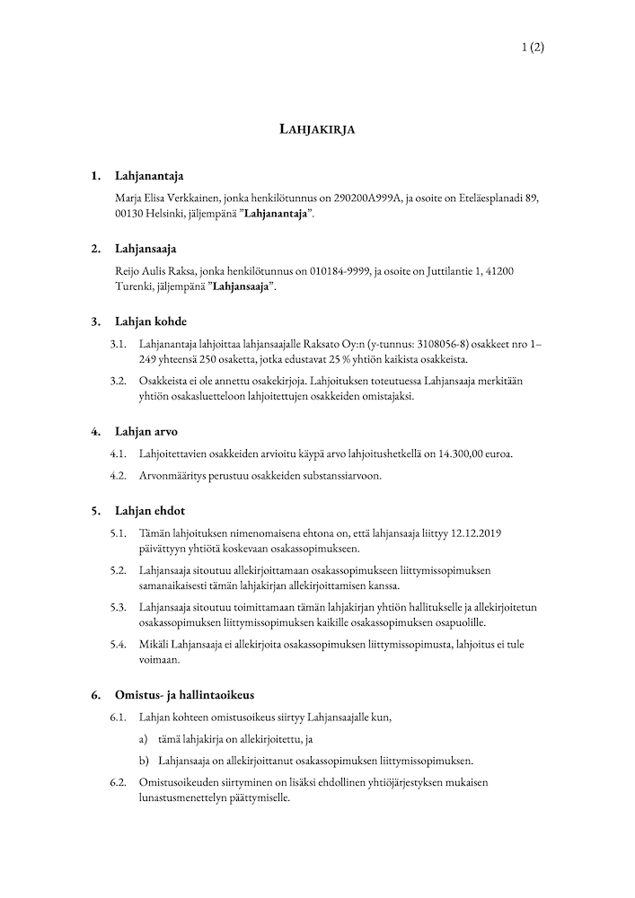 Lahjakirja – Malli