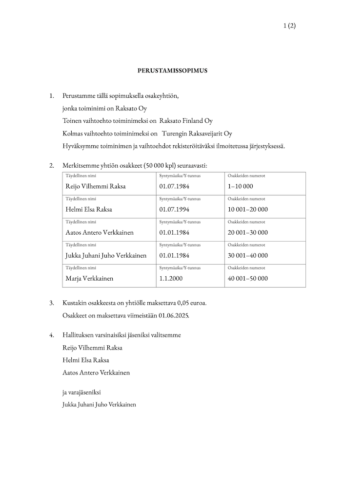 Osakeyhtiön perustamissopimus – malli