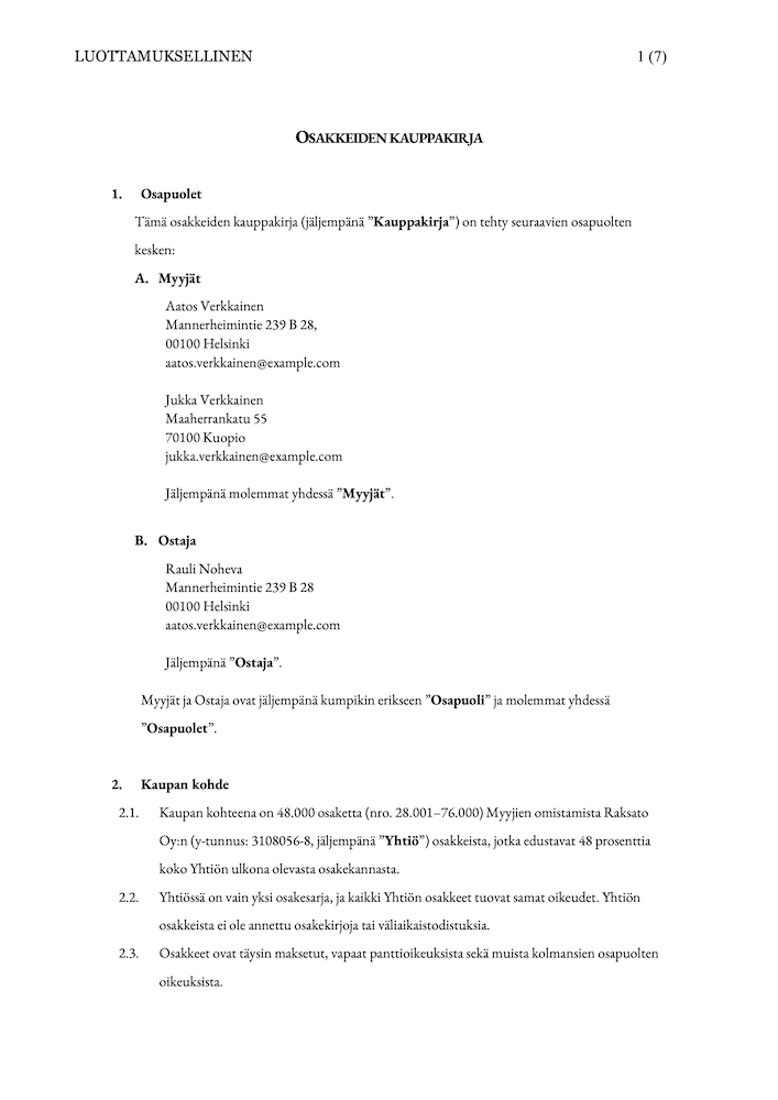 Osakkeiden kauppakirja – malli