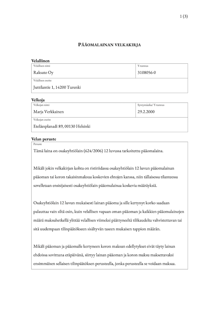 Pääomalainan velkakirja – malli