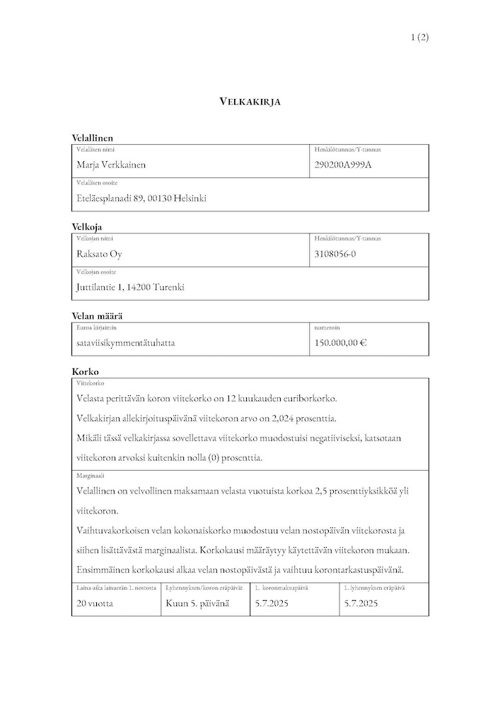 Velkakirjan – malli