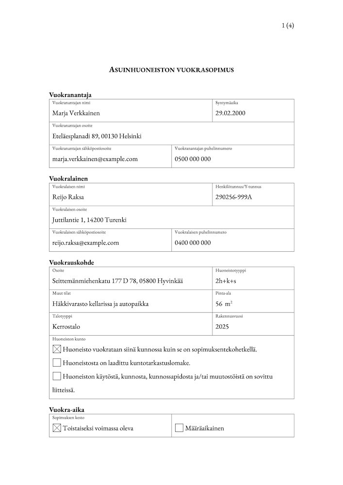Vuokrasopimus – Malli