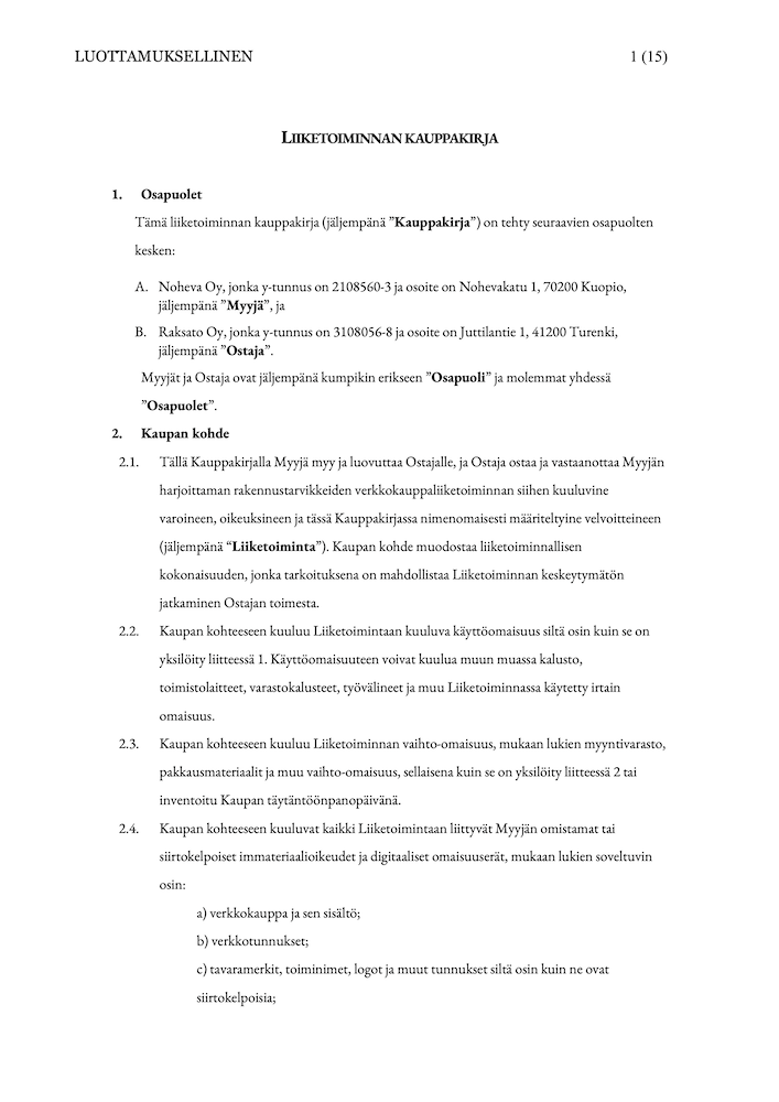 Liiketoiminnan kauppakirja – Malli